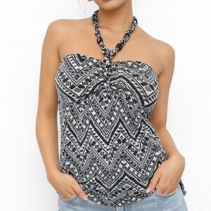 No Boundaries Halter Tank Top S Black Print Sleeveless Casual Beaded Festival